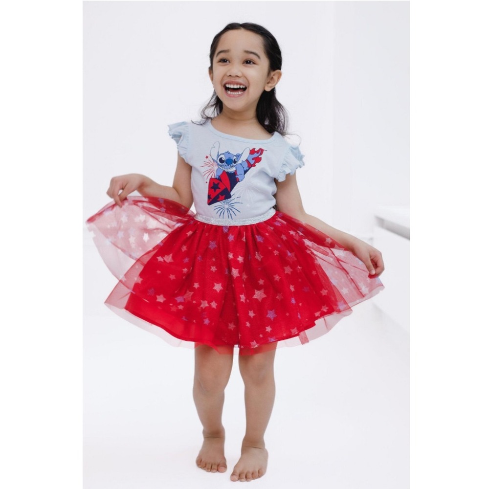 Disney Stitch Fireworks Tulle Dress Girls Size 5 4th of July Red Blue Patriotic